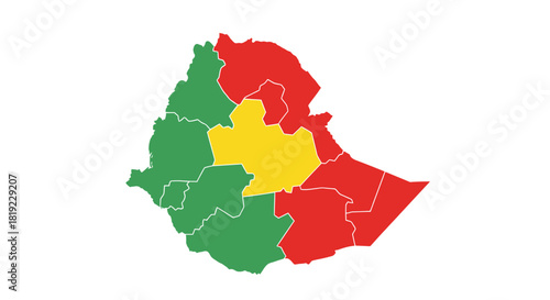 Map of Ethiopia with its regions color-coded in red, yellow, and green, suggesting different levels of status or risk.