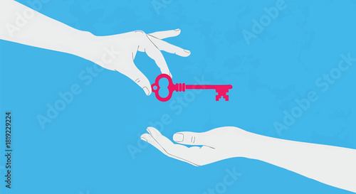 Two hands exchanging a vintage pink key as a symbol of opportunity transition success and unlocking potential with a bright blue background providing a clean aesthetic