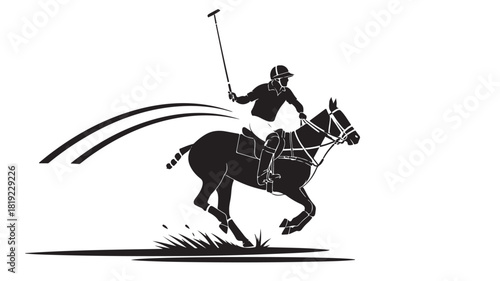 Dynamic black and white polo player silhouette charging forward on horseback, perfect for sports branding, equestrian event promotions, or elegant graphic design projects needing a bold edge