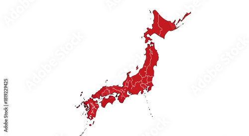 Red map of Japan showing the country's prefectures.
