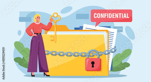 Woman holding key unlocking confidential information data security concept with locked folder vector illustration depicting information access and sensitive document management