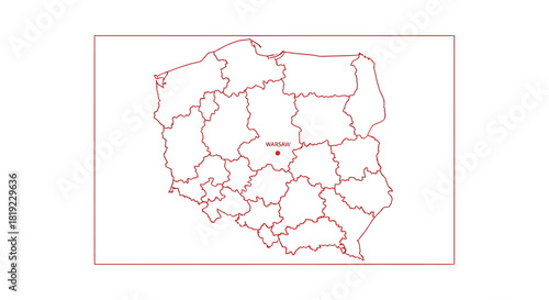 Political map of Poland showing the administrative voivodeship divisions and the capital city Warsaw.