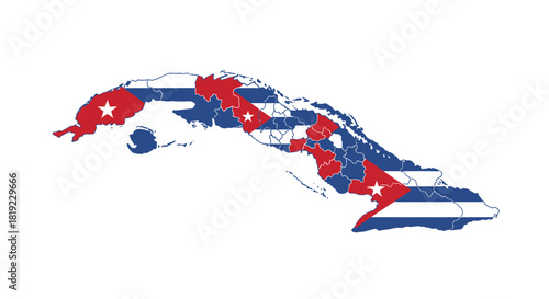 Map of Cuba with the national flag overlaid, showing provinces and regions.
