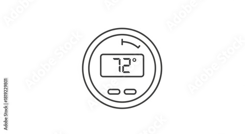 Line art icon of a modern digital thermostat displaying 72 degrees fahrenheit, with circular adjustment and control buttons. clean design.