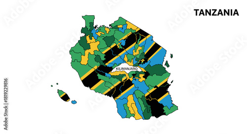 Map of Tanzania with regions and the Tanzanian flag overlayed on top of the country.