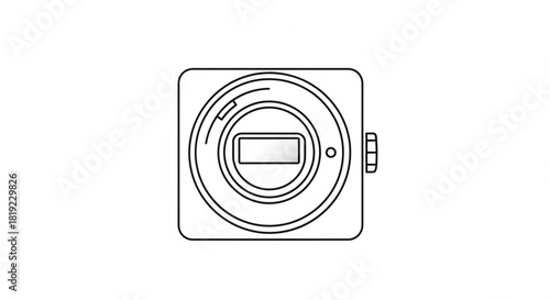 Digital camera body line art illustration, front view. modern mirrorless camera icon with lens mount outline, integrated display, and control knob