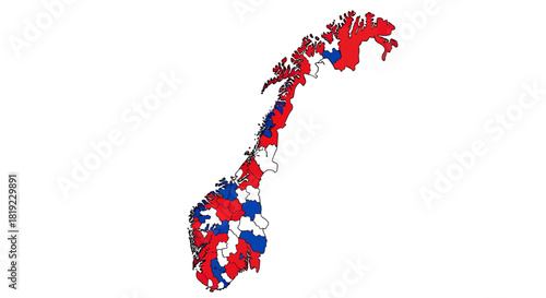 Map of Norway with its administrative divisions colored in red and blue, resembling the national flag.