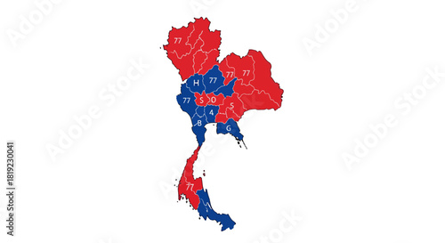 A political map of Thailand showing election results or regional divisions with provinces colored in red and blue.