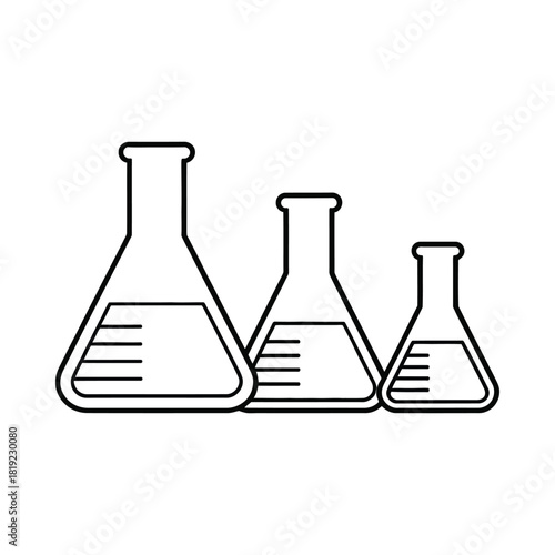 Three erlenmeyer flasks of varying sizes with liquid