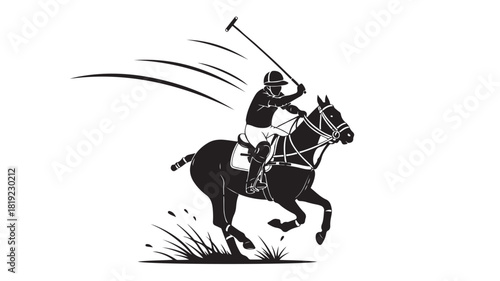 Dynamic polo player riding horse with mallet swinging in full speed action black and white for logo design or sports branding projects, evoking speed, skill, and tradition