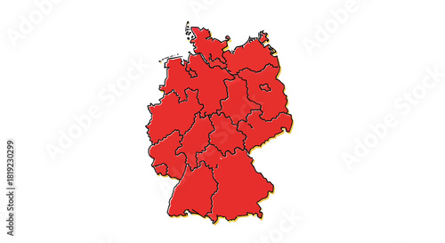 Map of Germany with states outlined in red on a white background.