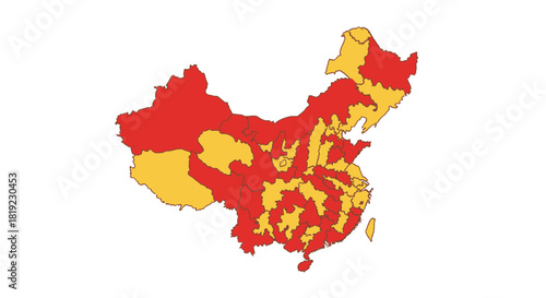 A map of China with its territory divided into intricate red and yellow colored regions on a white background.
