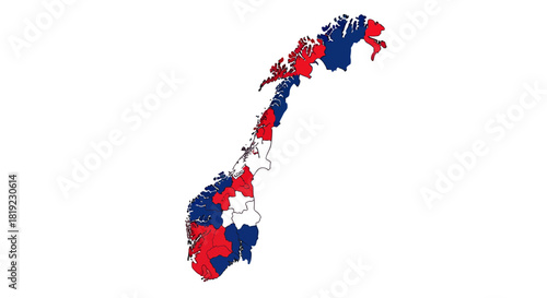 Map of Norway with its counties colored in the national flag's red, white, and blue.