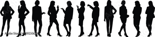 Business silhouettes, professional posture, corporate team, black figures, workplace diversity, standing pose, formal attire, group interaction, minimal design, leadership stance