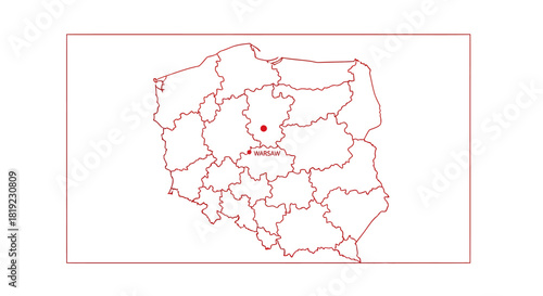 Political outline map of Poland showing the administrative divisions of voivodeships and pinpointing the capital city, Warsaw.