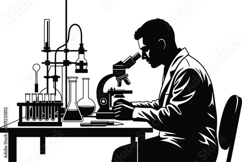 Scientist in laboratory, microscope research, chemical glassware, black and white illustration, science experiment, lab bench setup, professional study