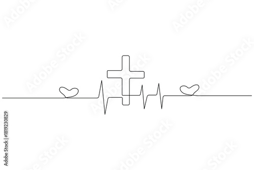 Cross and pulse trace, heart, love, and heartbeat, simple continuous line sketch