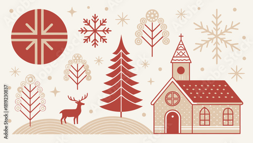 Charming winter scene with church, reindeer, snowflakes, and Christmas tree for seasonal greetings