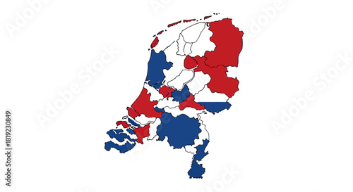 Map of the Netherlands with regions colored in red and blue, showing political divisions.