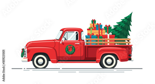 Classic red vintage pickup truck carrying a load of colorful Christmas presents and a festive fir tree in the back.