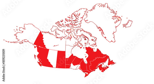 A stylized map of Canada with the red and white national flag design overlaid on its provinces and territories.