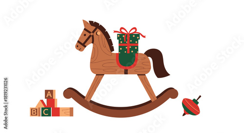Nostalgic scene of classic children's toys including a wooden rocking horse, alphabet blocks, and a spinning top.