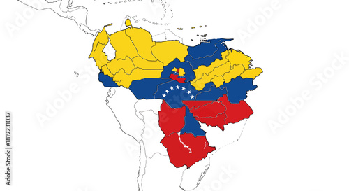Historical map showing regions of South America colored in yellow, blue, and red, resembling the Venezuelan flag.