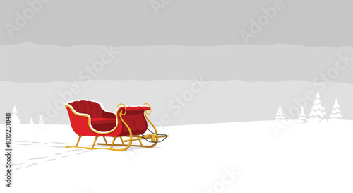 Santa's empty red and gold sleigh resting in a vast, quiet, and snowy landscape with faint trees in the background.