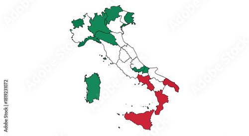 Map of Italy with regions colored in green and red, showing a political or geographical division.