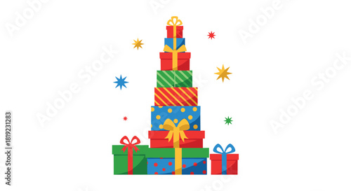 Festive stack of colorful, beautifully wrapped gift boxes and presents piled high to form the shape of a Christmas tree.