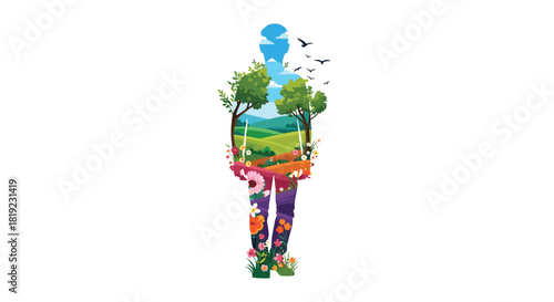 Double exposure style illustration combining the silhouette of a human figure with a beautiful, vibrant nature landscape inside.