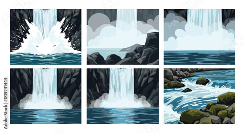 Set of six dynamic waterfall scenes, showing different angles from the powerful cascade splash to the calm, flowing river below.