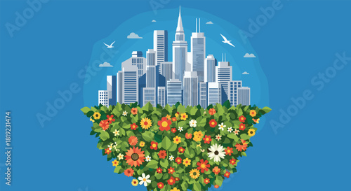 Concept illustration of a modern city skyline with skyscrapers growing out of a lush, vibrant bed of colorful flowers.