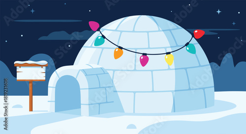 Cozy snow igloo decorated with a string of colorful Christmas lights glowing under a starry night sky in the arctic.