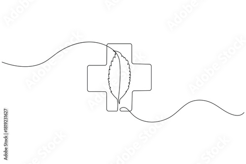 Medical cross and leaf continuous single line drawing