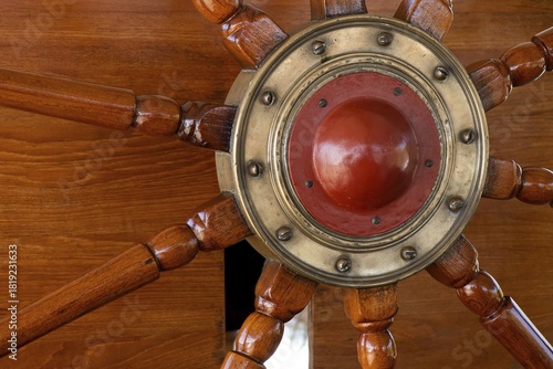 Steering wheel, detail, steel four-masted barque Pommern, windjammer with jubilee rig, Maritime Museum, Mariehamm, Åland or Aland Islands, Finland