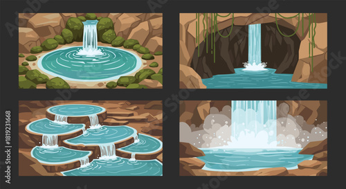 Set of four beautiful and serene waterfall landscapes in various natural settings, including caves and tiered rock pools.