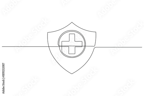 Medical cross and shield single continuous online art and white background