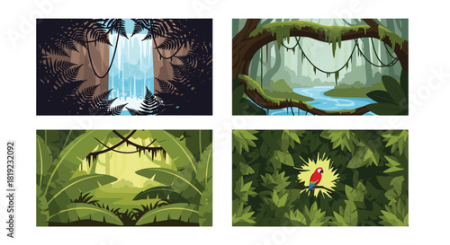 Set of four lush jungle and rainforest scenes, including a waterfall, a river, and a colorful parrot on a branch.