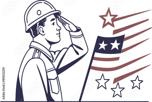 Line art illustration of a construction worker or soldier in a hard hat saluting the stylized american flag isolated on white background