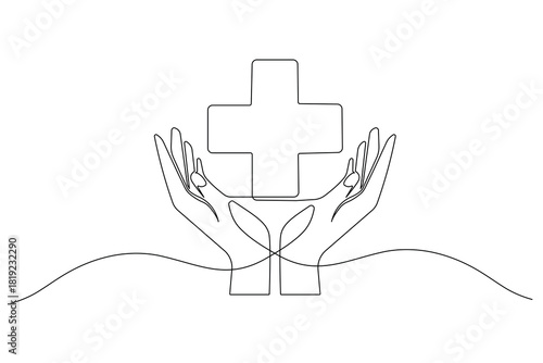  Medical cross in caring hands continuous single line art and white background