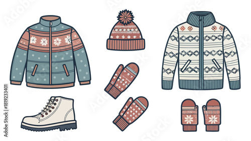 Stylish winter apparel set for outdoor adventures featuring jackets, hat, mittens, and boots for warmth and comfort