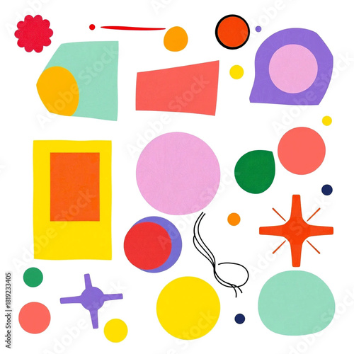 Artistic illustration. Modern simple abstraction with colorful geometric shapes in collage on white background