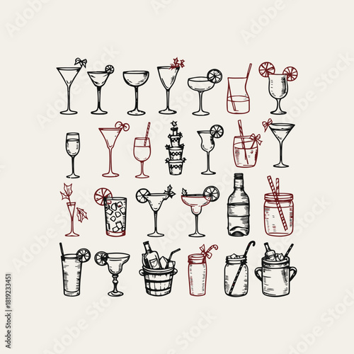 Hand drawn drinks and wine glasses illustration set