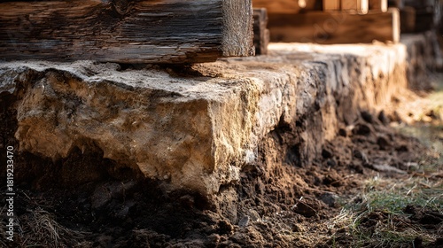 Wallpaper Mural Close-up of an old weathered wooden foundation of a rustic building. Torontodigital.ca