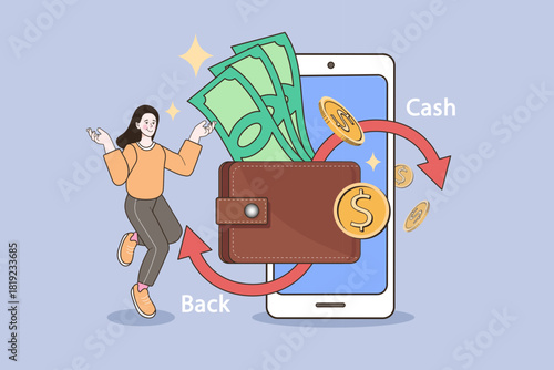 Happy woman with mobile phone and wallet showing cash back concept. Money refund arrows cycling around digital payment. Vector illustration of financial reward and loyalty program.
