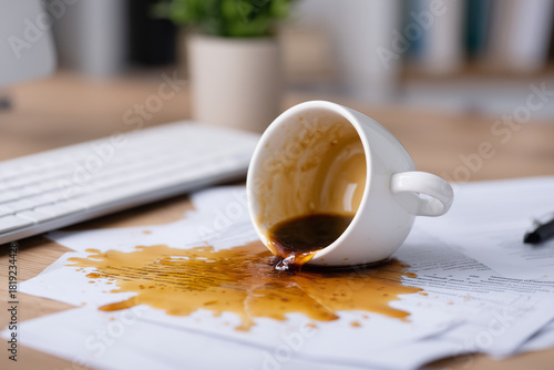 Spilled coffee from a white cup ruining documents on an office desk