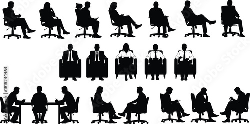 Set of business people silhouettes sitting on chairs, office meeting team, waiting room poses, vector illustration collection, corporate figures.Set of 