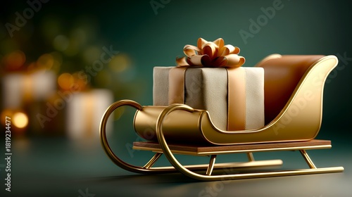 Golden sleigh with a gift surrounded by warm festive lights for Christmas