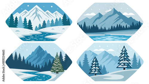Winter mountainscape set with snowy trees and frozen rivers evoking peace and cold weather holidays feeling